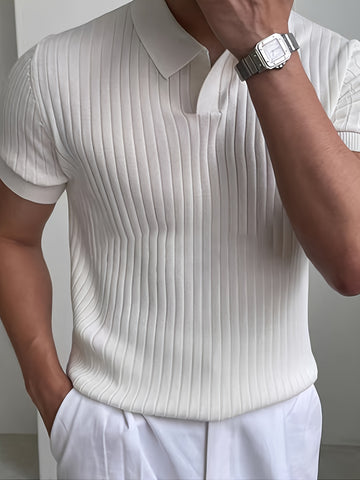 Men'S Olive Green Ribbed Short Sleeve Polo Shirt - Casual Summer Knit Top with Button Collar, Regular Fit, Lightweight & Breathable for Casual Attire, Breathable Clothing | Button Collar Shirt | Medium Elasticity