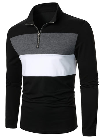 Men's Color Block Half-Zip Collared Long Sleeve T-Shirt - Casual, Stretchy Polyester Blend, Machine Washable - Ideal for Spring & Fall