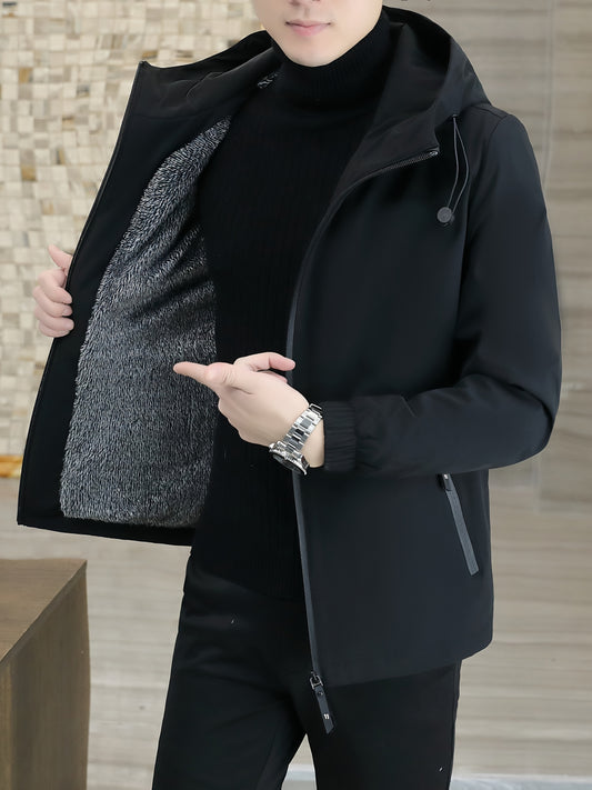 Men'S Fleece Jacket Coat, Autumn Outdoor Windproof Zipper Coat, Warm and Fashionable Casual Hooded Solid Color Men'S Jacket