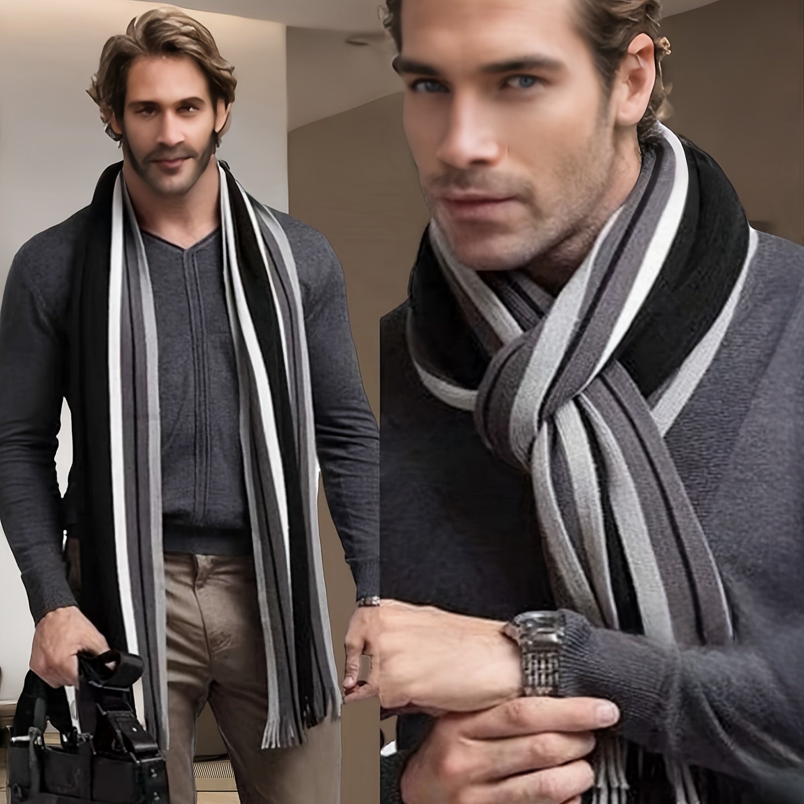 Men'S Stylish Black and White Striped Knit Scarf - Warm Acrylic, Casual Style with Fringe Detail, Perfect for Outdoor and Indoor Use, Outdoor Accessory|Casual Style Scarf|Soft Texture Scarf