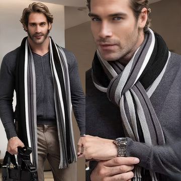 Men'S Stylish Black and White Striped Knit Scarf - Warm Acrylic, Casual Style with Fringe Detail, Perfect for Outdoor and Indoor Use, Outdoor Accessory|Casual Style Scarf|Soft Texture Scarf