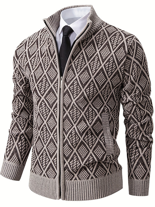 Men's Knitted Sweater Korean Style Autumn and Winter Trendy Casual Stand Collar Cardigan Jacket for Men, Comfortable and Versatile Rhombus Pattern