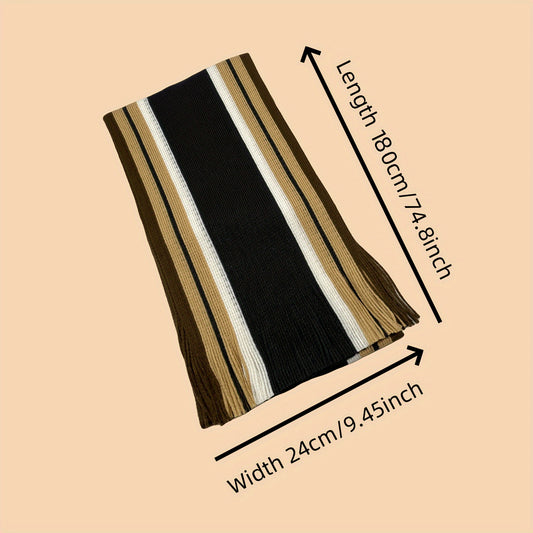 Men'S Stylish Black and White Striped Knit Scarf - Warm Acrylic, Casual Style with Fringe Detail, Perfect for Outdoor and Indoor Use, Outdoor Accessory|Casual Style Scarf|Soft Texture Scarf