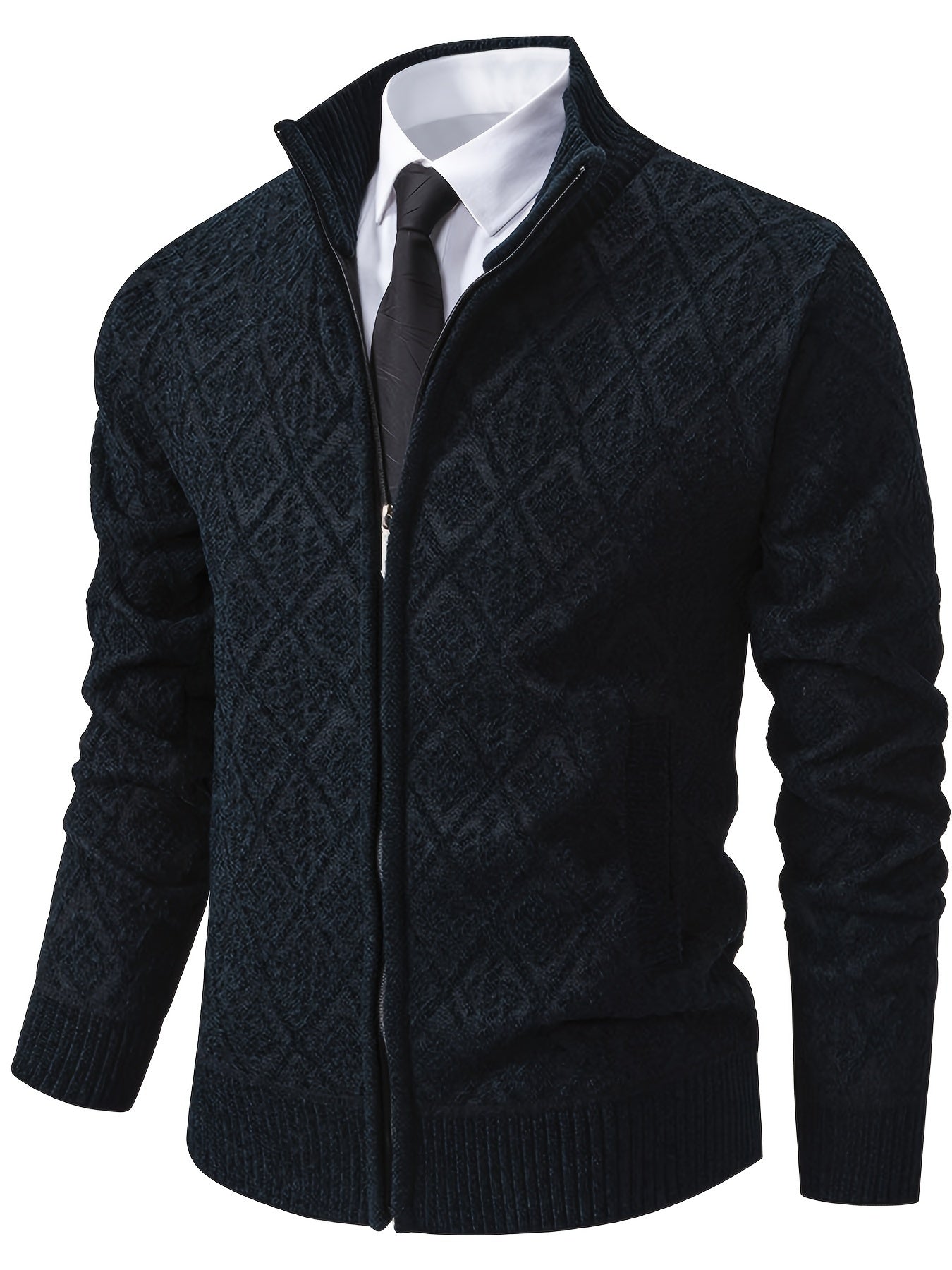Men's Knitted Sweater Korean Style Autumn and Winter Trendy Casual Stand Collar Cardigan Jacket for Men, Comfortable and Versatile Rhombus Pattern