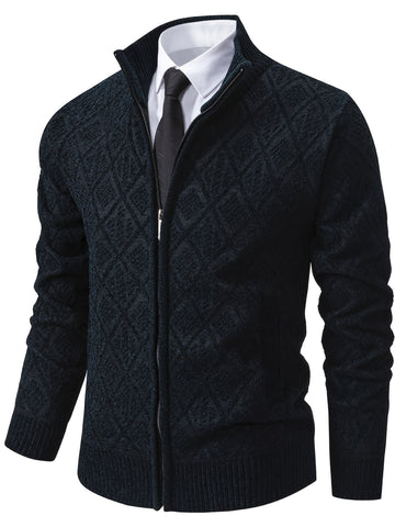 Men's Knitted Sweater Korean Style Autumn and Winter Trendy Casual Stand Collar Cardigan Jacket for Men, Comfortable and Versatile Rhombus Pattern