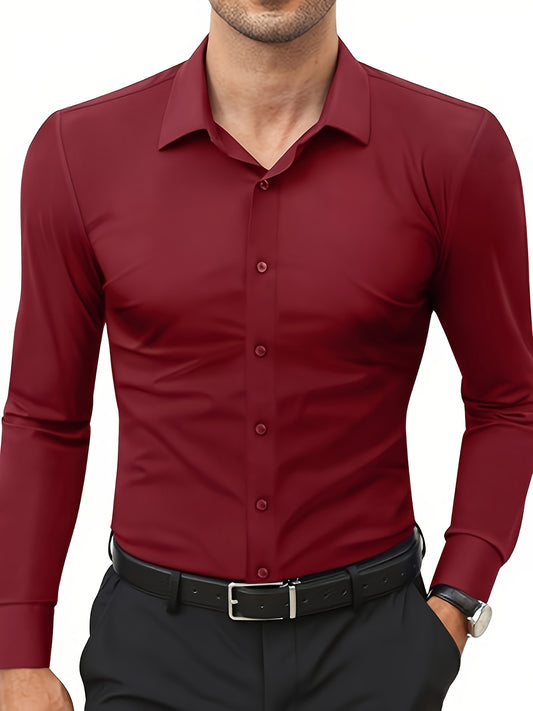 Men'S Slim Fit Stretch Long Sleeve Shirt - Solid Color Button-Up Casual Shirt with Classic Collar, All-Season Comfort & Breathable Fabric for Casual Attire, Versatile Clothing, Sleek Design, Smooth Texture, Stylish Blouse, Ac