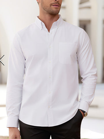 Men'S Slim Fit Stretch Long Sleeve Shirt - Solid Color Button-Up Casual Shirt with Classic Collar, All-Season Comfort & Breathable Fabric for Casual Attire, Versatile Clothing, Sleek Design, Smooth Texture, Stylish Blouse, Ac