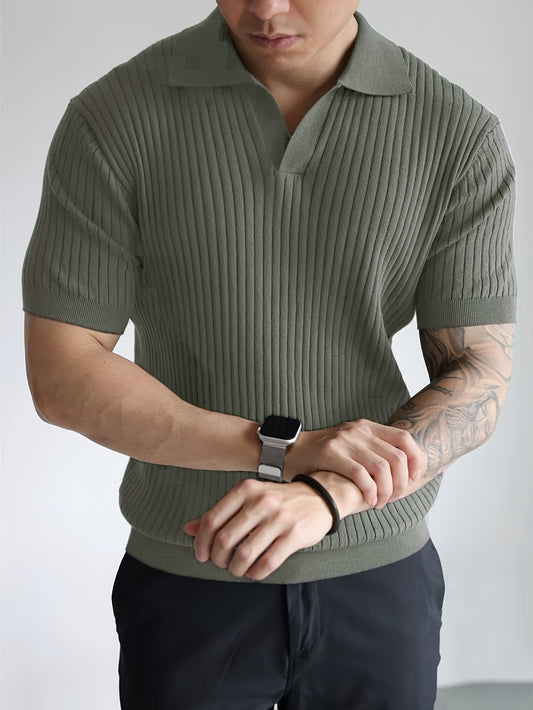 Men'S Olive Green Ribbed Short Sleeve Polo Shirt - Casual Summer Knit Top with Button Collar, Regular Fit, Lightweight & Breathable for Casual Attire, Breathable Clothing | Button Collar Shirt | Medium Elasticity