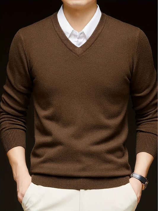 [Long Sleeve V-Neck Pullover Sweater] Men'S V-Neck Pullover Sweater, Rayon Blend Knitwear, Solid Color, Long Sleeve, Regular Fit, Stretch Fabric, for Daily & Casual Wear