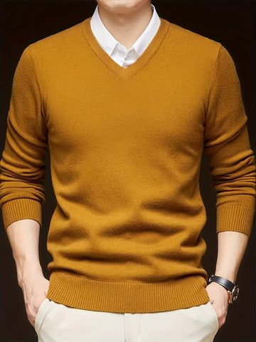 [Long Sleeve V-Neck Pullover Sweater] Men'S V-Neck Pullover Sweater, Rayon Blend Knitwear, Solid Color, Long Sleeve, Regular Fit, Stretch Fabric, for Daily & Casual Wear