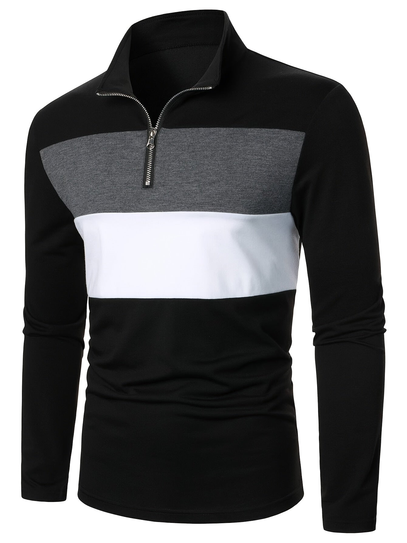Men's Color Block Half-Zip Collared Long Sleeve T-Shirt - Casual, Stretchy Polyester Blend, Machine Washable - Ideal for Spring & Fall